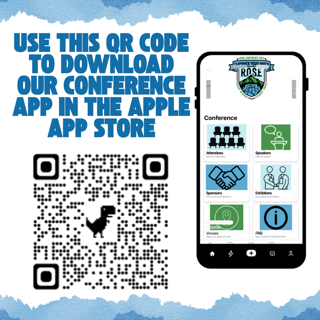 Use this QR code to download our conference app in the Apple App Store. QR code on the bottom left of the image. Screenshot of the APRIL App homepage on the whole right-side of the image.