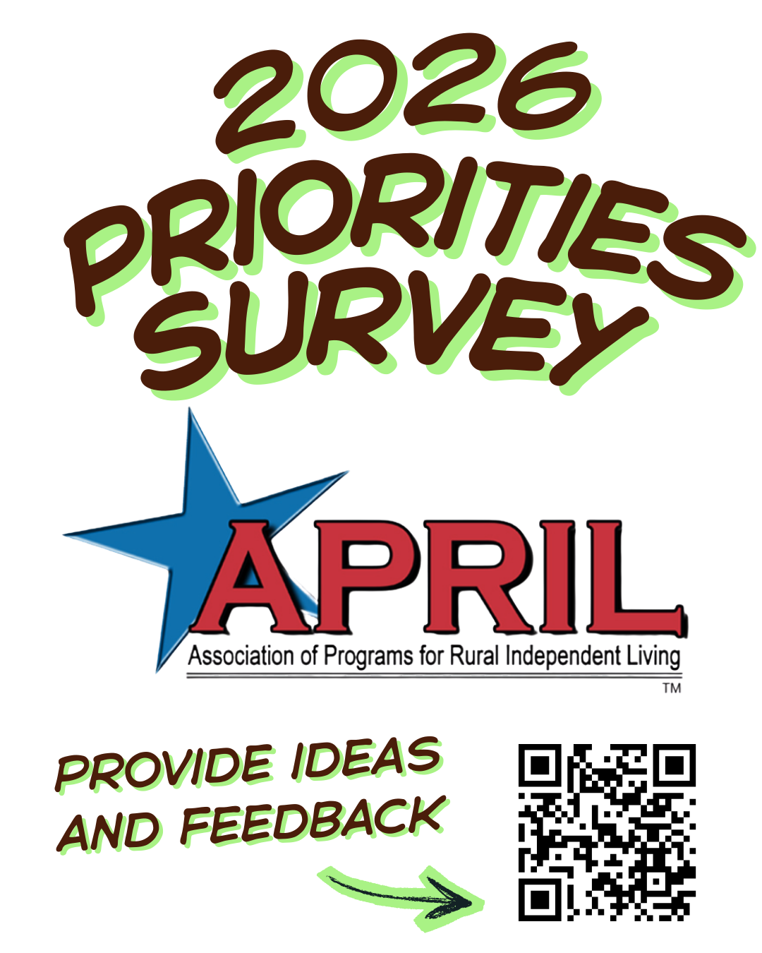 APRIL 2026 Priorities Feedback Survey. "2026 Priorities Survey". APRIL logo in middle of the graphic. Text on lefthand side with an arrow to the right says "Provide and Ideas and Feedback", pointing to a QR code that will lead to the survey link.