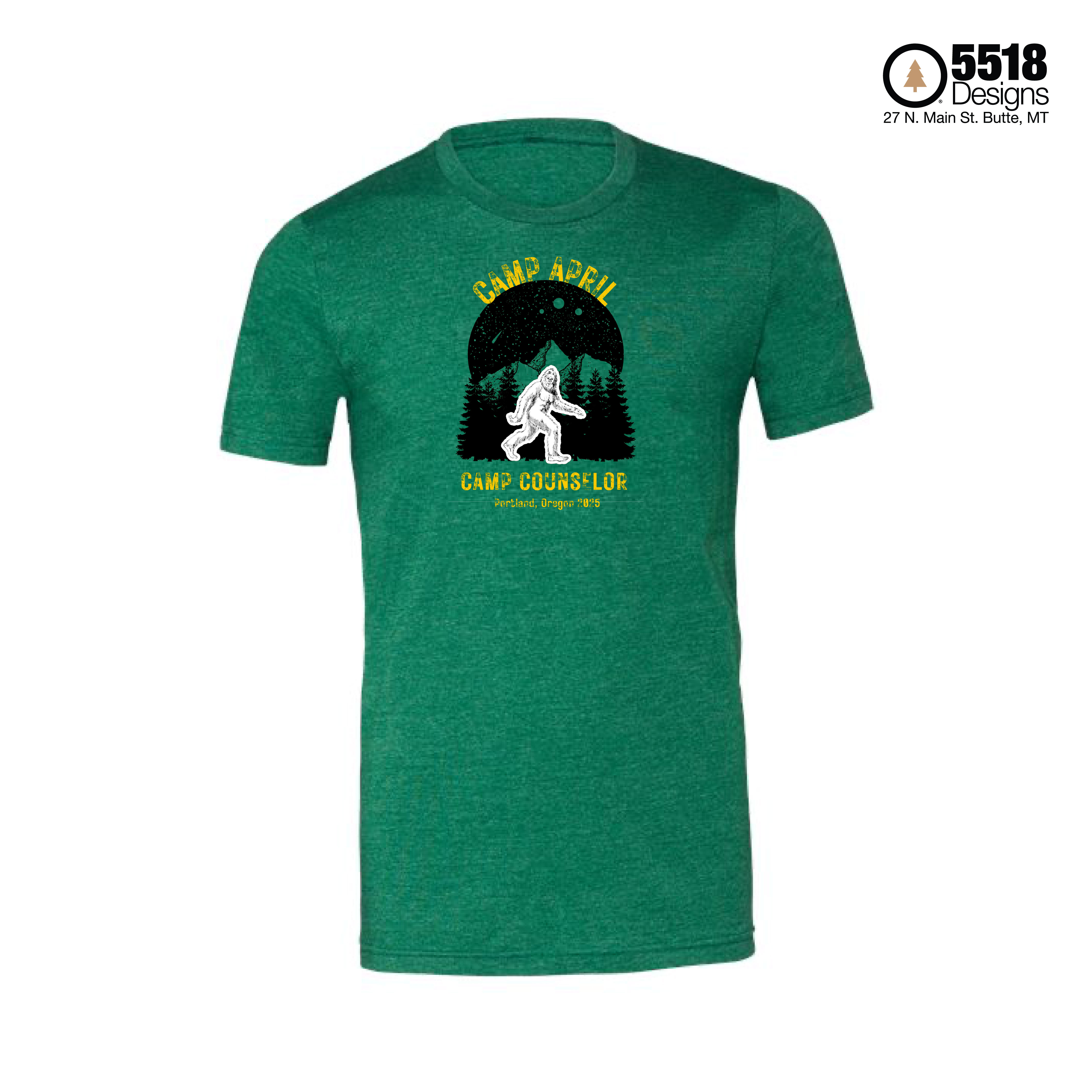 APRIL Youth Conference 2025 t-shirt. Dark green shirt with a white yeti surrounded by a black background walking and swinging its arms.