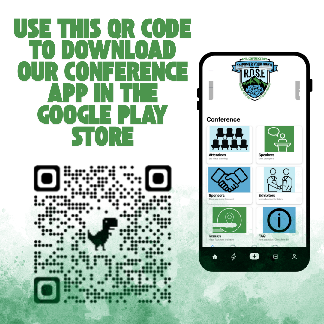 Use this QR code to download our Conference app in the Google Play Store. QR code in the bottom left of the image. Right-side of the image is a screenshot of the homepage of the APRIL Conference app.