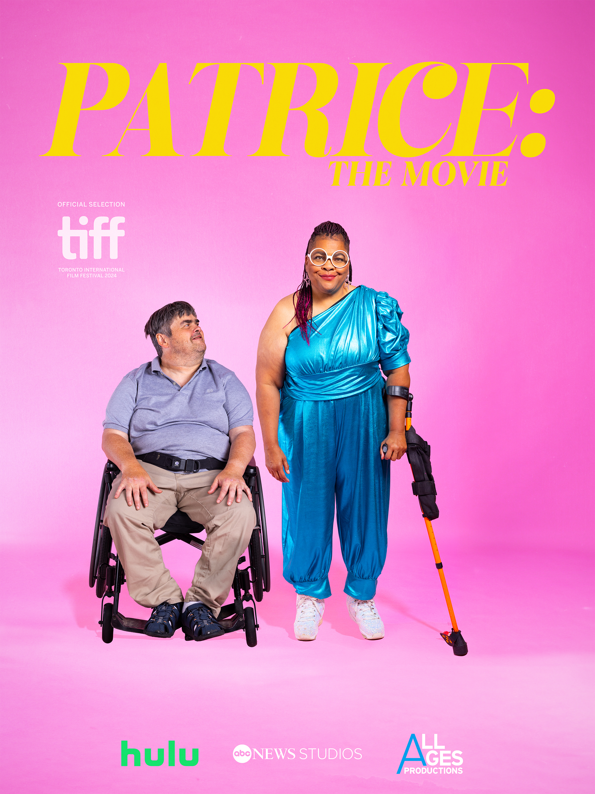 Pink background color that says PATRICE in all caps yellow font. There is an image of a couple standing side by side. Garry is sitting in a wheelchair and Patrice is using a walking crutch.