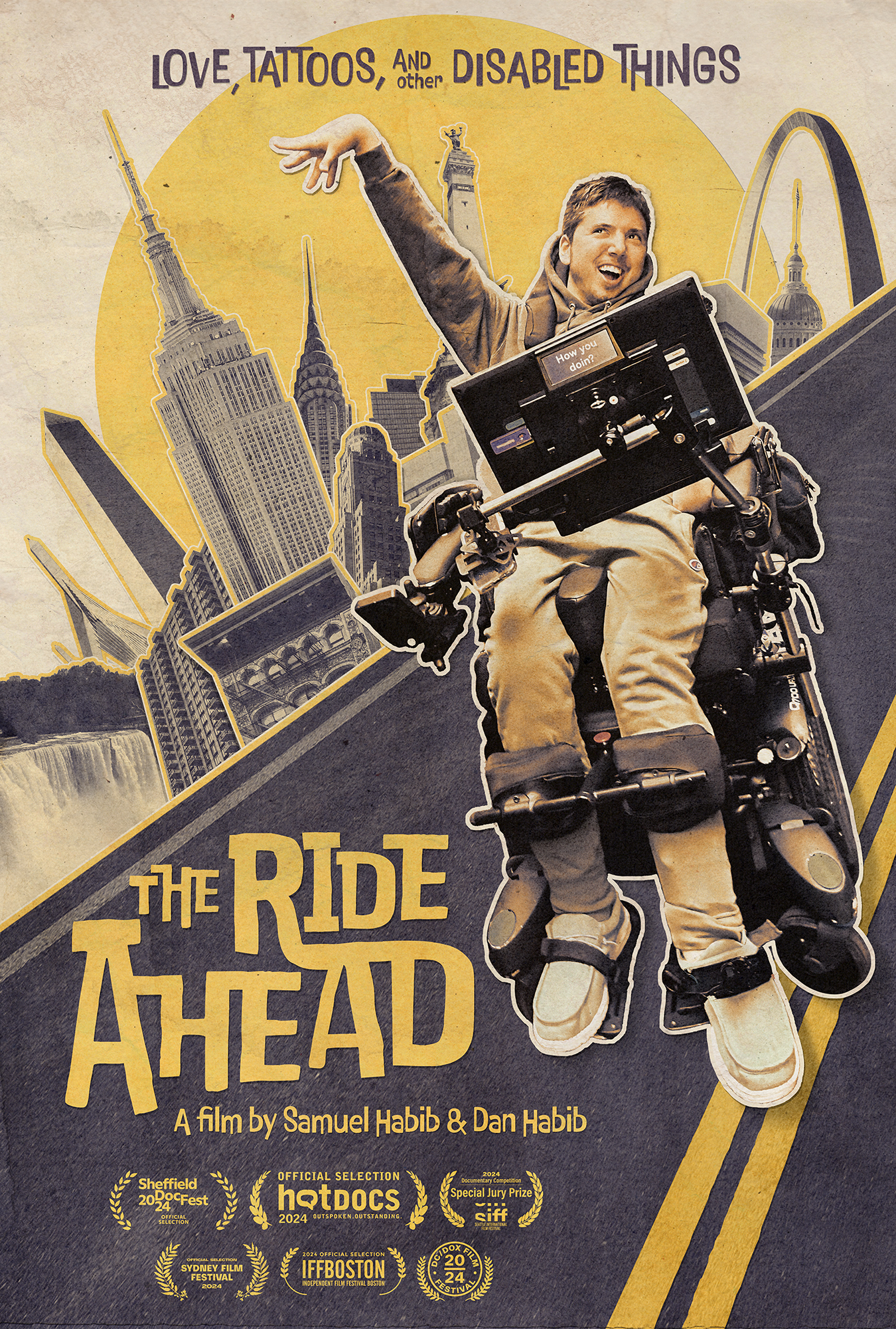 The Ride Ahead Movie Poster. Image of Samuel Habib in a wheelchair and communication device riding down the street.
