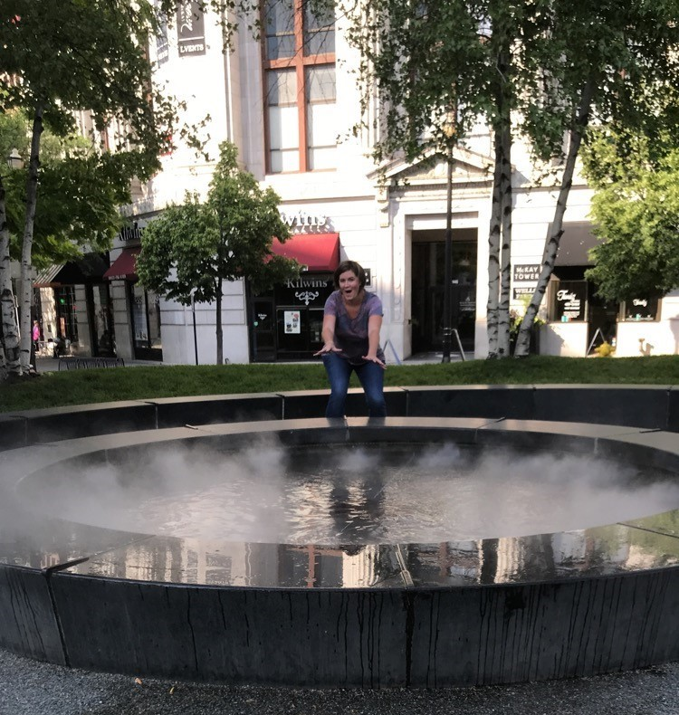 Fountain with Sierra standing in the middle