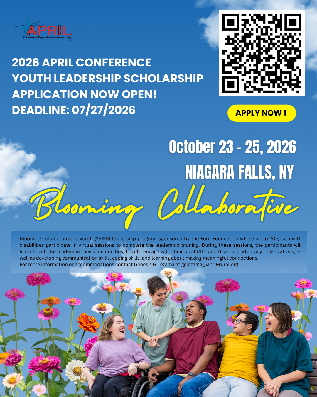 Blue APRIL flyer promoting the 2026 Blooming Collaborative Youth Leadership Scholarship. The graphic features clouds, flowers, a QR code, and a group of diverse young adults with disabilities smiling together. Text highlights that applications are open through July 27, 2026, for youth ages 15–30 with disabilities, with the APRIL Conference taking place October 23–25, 2026, in Niagara Falls, New York.