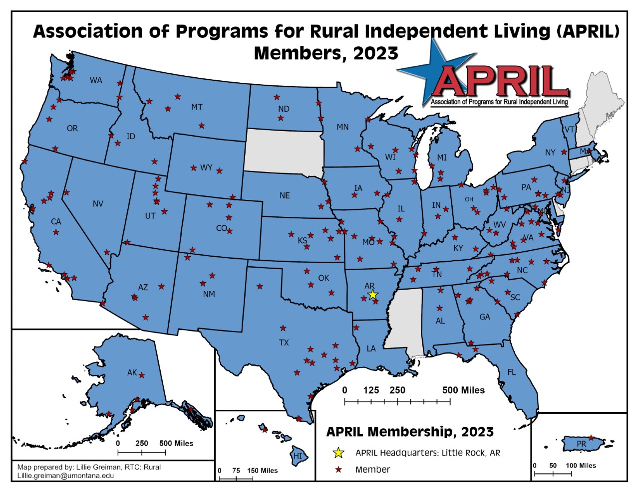 This image is Map of United States with dots in locations of membership cities.